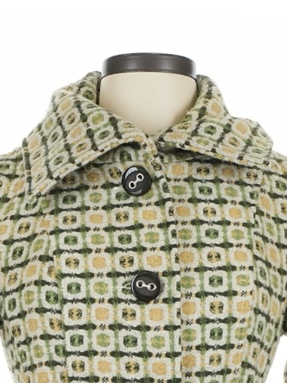 Green, Yellow, and Cream Geometric Pattern Belted Trench Coat Austin Powers Vibe - Picture 5 of 11
